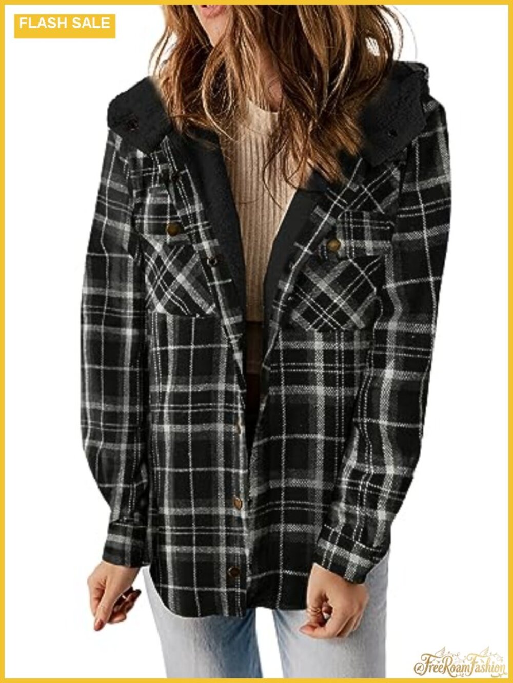 Plaid Fleece-Lined Hooded Shacket Button Front Loose Fit Winter Jacket